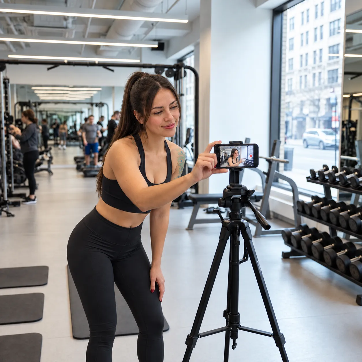Myriam Torterola preparando una grabación de entrenamiento en el gimnasio